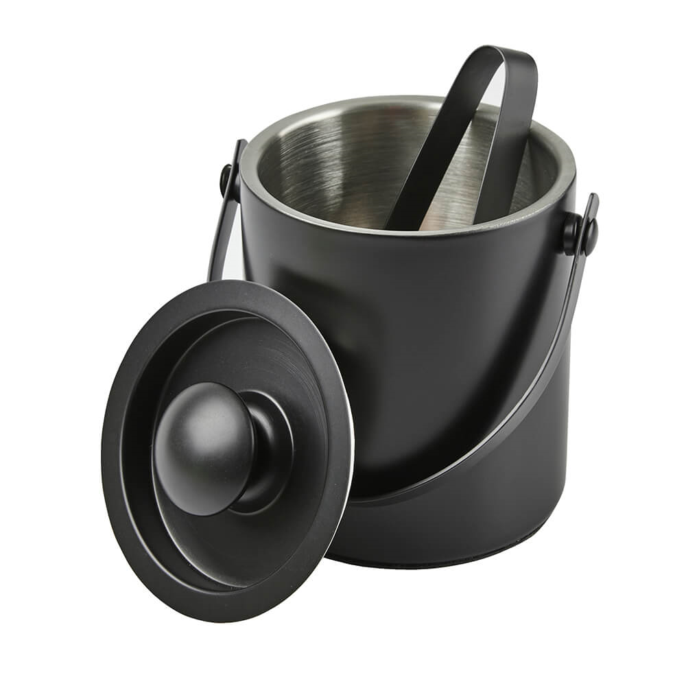 Matt Black Stainless Steel 1L Ice Bucket - 1L Stainless Steel Double Layer Ice Bucket (with cover and handle) - Matt Black Including Ice Clip